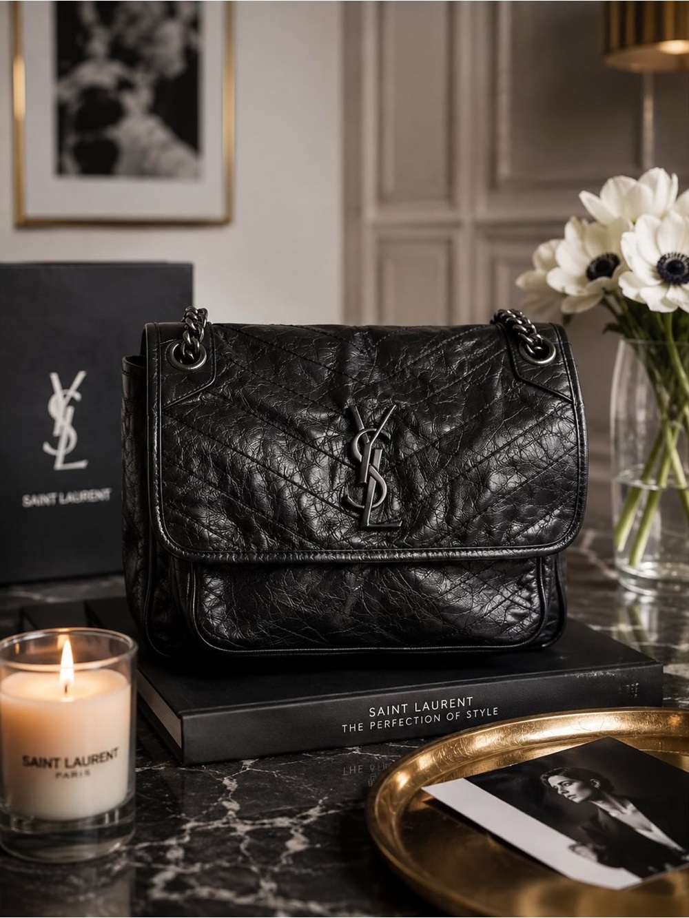 🖤 SAINT LAURENT NIKI Medium Bag – Black Crinkled Leather 🖤